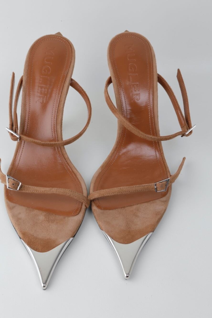 MUGLER Camel Tan Suede Strappy Fang Metal Toe Cap Sculptural Heels Sandals 41